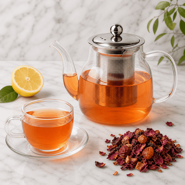 Camellios Rosehip & Lemon loose leaf tea blend with dried rosehip and rose petals scattered on a wooden table